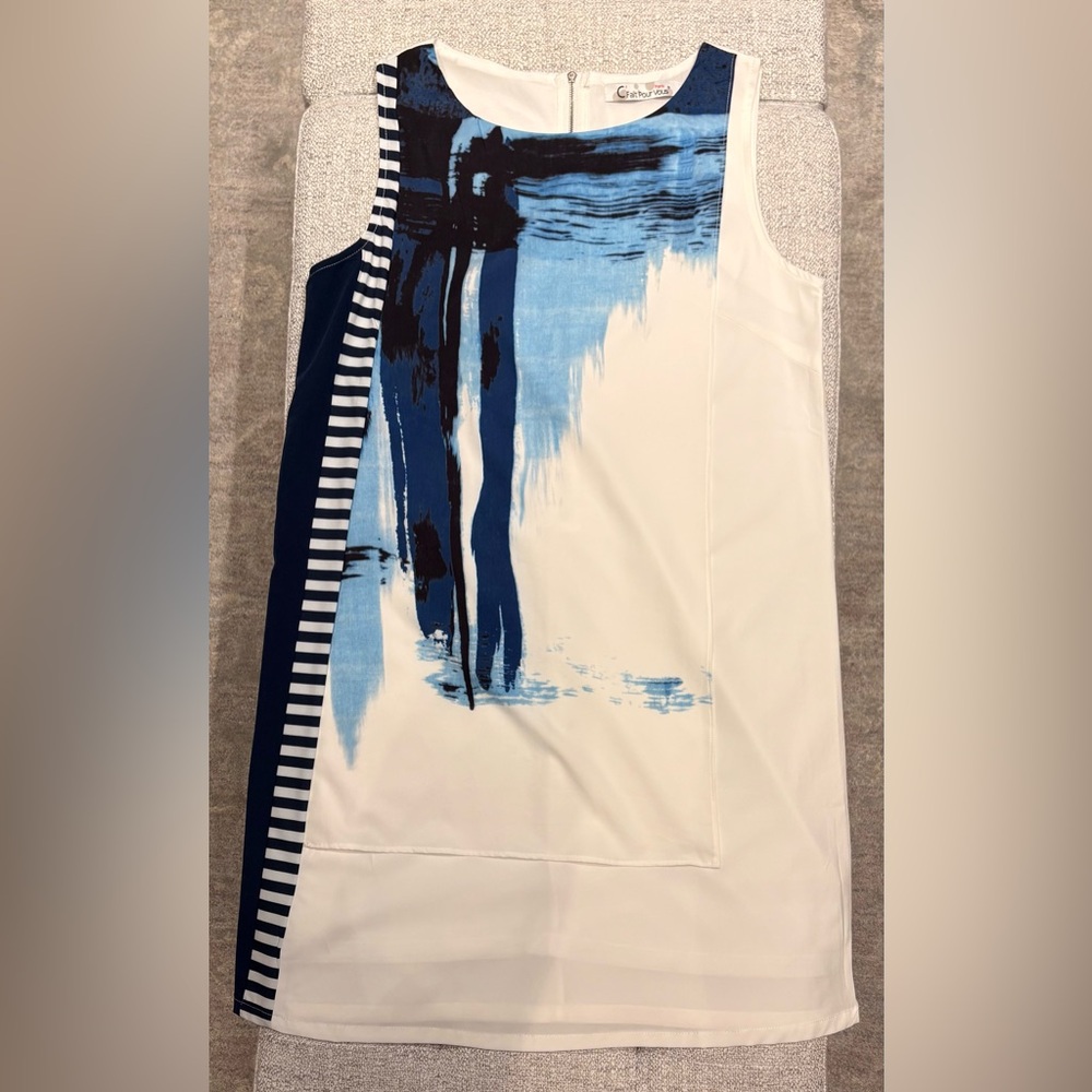 Sleeveless Abstract Brushstroke Midi Dress - White & Blue: santorini dress